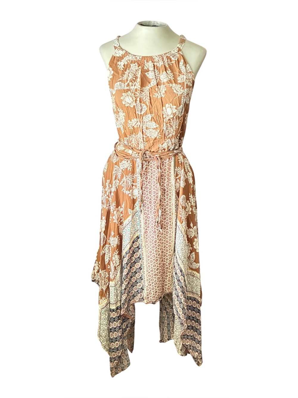Nostalgia Peach Floral Asymmetrical Handkerchief-Hem Dress